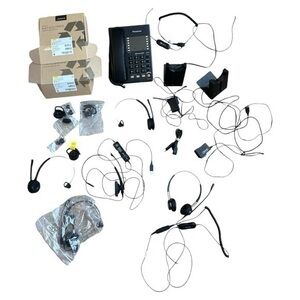 Lot of 5 Jabra headsets (most used, 1 new in bag), 2 charge stands, 1 Panasonic